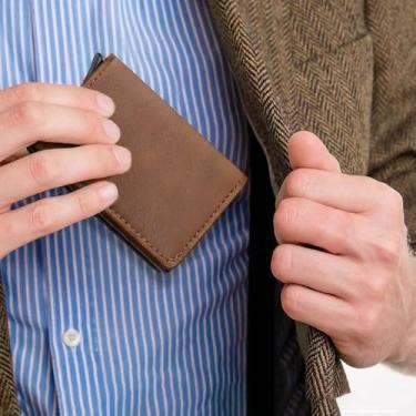 Imagem de Carteira masculina inteligente pop-up | Suporte para cartão de fibra de carbono com bloqueio RFID ultrafino 9-14 compartimento para dinheiro, Marrom claro, Retrô