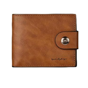 Imagem de Carteira masculina clássica marrom claro portátil de couro PU com vários cartões, design clássico marrom claro portátil com encaixe, padrão xadrez, couro PU, vários cartões