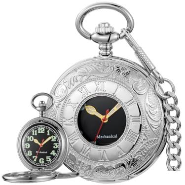 Imagem de Alwesam Relógio masculino mecânico com caixa de design vintage, mostrador duplo, algarismos romanos, relógio de bolso com corrente e caixa, prata-55, presente