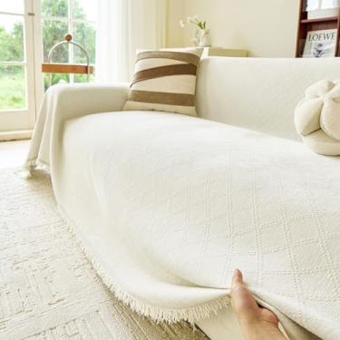 Imagem de VANJOROY Capa de sofá bege para sofá secional de 3 almofadas em forma de L – capa de sofá lavável de chenille para cães de estimação, capa protetora de sofá macia com borla, 180 cm x 340 cm