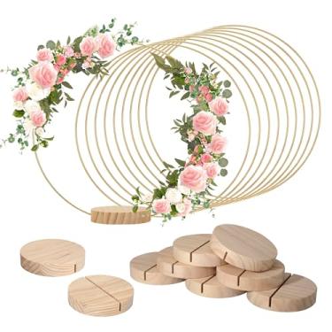 Imagem de YDJIANCAI Conjunto de 9 peças de argola floral dourada com 9 peças de suportes de madeira - Decoração de mesa central de casamento de metal para grinaldas penduradas na parede, apanhadores de sonhos e