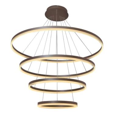 Imagem de Lustre Luminária Pé Direito Duplo Led Pendente 4 Anéis Sala Marrom-Escuro