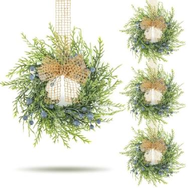 Imagem de 4 peças pequenas guirlanda de armário de baga azul de inverno artificial, mini guirlanda de cozinha, guirlanda vintage com fita de serapilheira retrô para casa de fazenda, casa rústica, janela, pilar