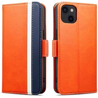 Imagem de EKESA Capa de telefone com suporte fólio de fivela magnética, para Apple iPhone 14 Plus 2022 capa de carteira flip de couro sintético com alça de cordão de pescoço (cor: laranja)