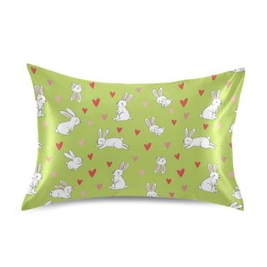 Imagem de Wassud Fronha de cetim verde-limão com corações de coelho para cabelo e pele, fronhas de seda lisa, tamanho padrão, respirável, com fecho de envelope