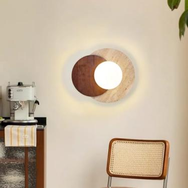 Imagem de Luminária de parede criativa em travertino amarelo, estilo wabi-sabi, com acabamento vintage em madeira, ideal para ambientes internos como quarto, sala de estar, hall de entrada, corredor,