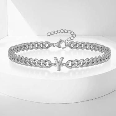 Imagem de Tornozeleiras femininas com inicial de prata, preenchidas com ouro 14K, tornozeleiras de elos cubanos feitas à mão, Large, Aço inoxidável, Sem Pedra Preciosa