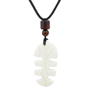 Imagem de Joddfly Colar tribal de espinha de peixe, pingente de osso de vaca branco com corda preta, colar ajustável estilo surfista de 60 cm com contas de madeira