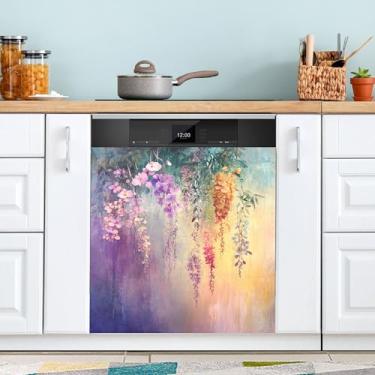 Imagem de SEHANY Capa magnética colorida com flores de jardim Monet para máquina de lavar louça, adesivos magnéticos decorativos antiarranhões para painel de geladeira e lava-louças, decoração de flores de