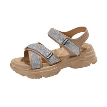 Imagem de Sandália feminina fina de glitter com tira redonda bico aberto plataforma para primavera verão praia casual, Bege, 36