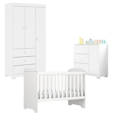 Imagem de Quarto De Bebê Duda 3 Portas Com Berço Americano Mini Cama Mel Branco Brilho - Phoenix Baby
