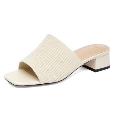 Imagem de NEWBELLA Sandálias femininas de malha com bico quadrado - salto grosso, sapatos de verão, chinelos casuais confortáveis para férias e praia, Creme, 36