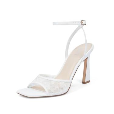 Imagem de QIY Sandálias femininas de salto com tiras e salto quadrado, tira no tornozelo, malha stiletto, salto alto, Renda branca, 41