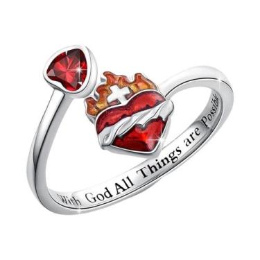 Imagem de Anel Aberto Em Forma De Coração Vermelho Fogo Com Rubi Para Mulheres, 