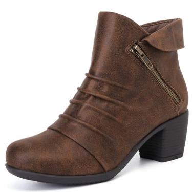 Imagem de Ruiee Botas de cano curto femininas de salto grosso, modernas, confortáveis, bico redondo, salto médio baixo, inverno, outono., Marrom Bmf 303, 35