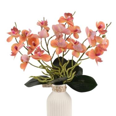 Imagem de HUIANER Flores artificiais Phalaenopsis 4 peças, orquídeas de seda falsa de 38 cm com folhas de caule para decoração de festa de casamento no dia dos namorados (laranja)