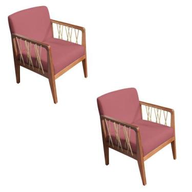 Imagem de Kit 02 Poltronas Barcelona Suede Rosê Com Corda Náutica Champagne Base