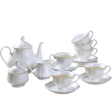 Imagem de Conjunto de café de porcelana e xícaras de chá – 15 peças de copos e pires de porcelana dourados com borda ondulada branca para 6 unidades com tigela de açúcar e jarra de creme, Branco, 7 Ounce, 220 ml