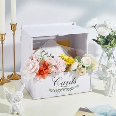Imagem de WADORN Caixa de cartão de casamento, grande caixa de cartões de casamento branca com flor através de elegante envelope rústico porta-cartões de dinheiro com placa de acrílico para recepção, festa de
