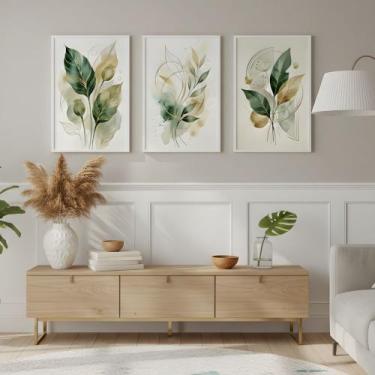 Imagem de Kit 3 Quadros Folhagem Dourado Aquarela Moldura - Equadros, Branca
