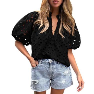 Imagem de Blusa PRETTYGARDEN Decote V com Botões, Renda Vazado Preta P