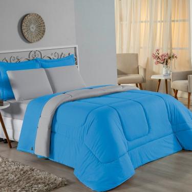 Imagem de Kit Edredom Dupla Face + Jogo De Lençol King Nobre 6 Peças Malha 100% Algodão - Turquesa / Cinza