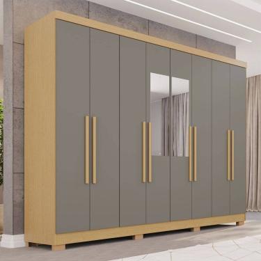 Imagem de Guarda-Roupa Casal Pinheiro 8 Portas 4 Gavetas com Pés e Espelho Jequitibá/Granizo - Pnr Móveis