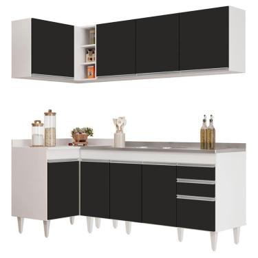 Imagem de Armário De Cozinha Modulado De Canto Direito 4 Peças Cp42 Com Pia Inox Branco-preto - Lumil