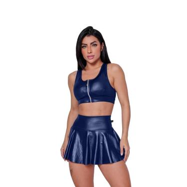 Imagem de Conjunto Top E Short Saía Em Cirre Couro Brilho Molhado WOLFOX Fitness Academia-Feminino