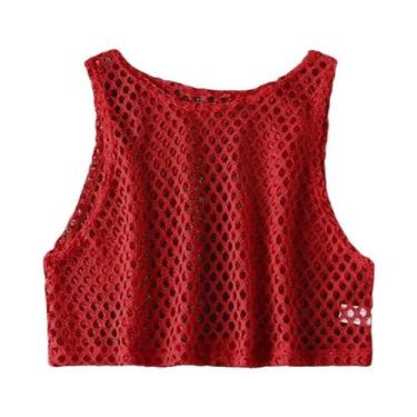 Imagem de Top Cropped Feminino Preto E Vermelho Com Recortes Em Tela, Estilo Sol