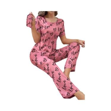 Imagem de Novo pijama feminino para casa, calças de manga curta, padrão amor, ca