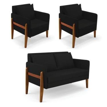 Imagem de Kit 1 Sofá Namoradeira E 2 Poltronas Lana Linho Preto A79 Base De Made