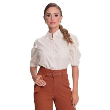 Imagem de Camisa Social Feminina Manga Curta Bufante Moderna Teodoro, M, Off whi