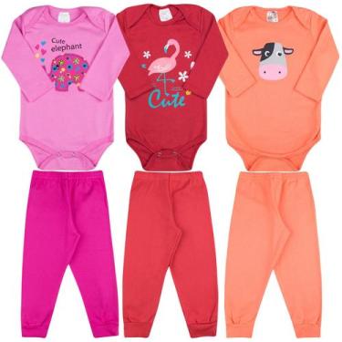 Imagem de Kit Roupa de Bebe 6 Peças Body Manga Longa Estampado e Calça Mijão Alg