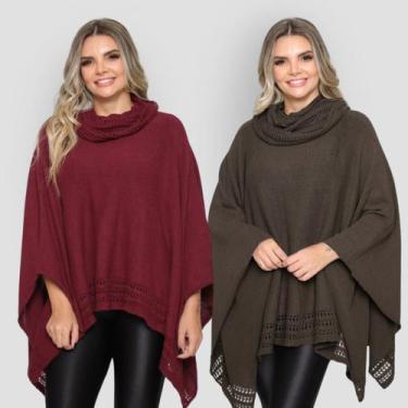 Imagem de Kit 2 Poncho Feminino Tricot Mousse Liso Gola Alta Casaco Lã - Rosilen