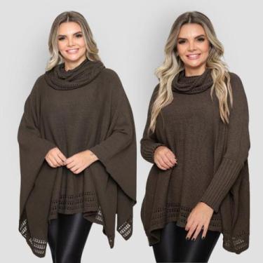 Imagem de Kit 2 Poncho Feminino Tricot Mousse Liso Gola Alta Casaco Lã - Rosilen