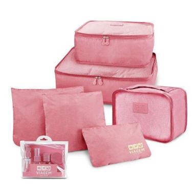 Imagem de Kit Organizador De Malas + Frascos De Viagem 7 Peças Rosa - Jacki Desi