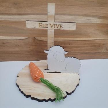 Imagem de Tábua de Páscoa Ele Vive com Carneiro em Madeira - Decoração e Present