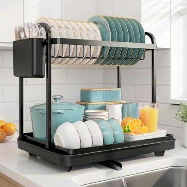 Imagem de KLEMING| Escorredores de Louças de Aço Carbono Inoxidável, Resistente à Ferrugem, Escorredor de Prato, Pratos, para Bancada de Cozinha com Bandeja Drenagem automática, Preto.