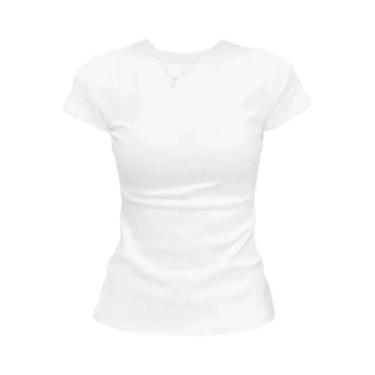Imagem de Camiseta Feminina De Verão Básica De Manga Curta Com Decote Redondo Em