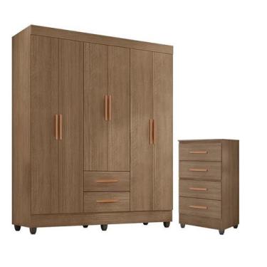 Imagem de Guarda Roupa Casal 6 Portas e Cômoda 4 Gavetas Lite Carvalho Oak  Móve