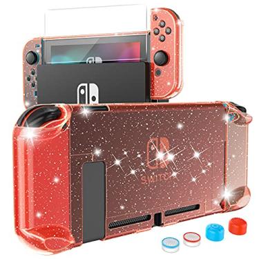 Imagem de HEYSTOP Capa compatível com Nintendo Switch Dockable, capa protetora de policarbonato compatível com Nintendo Switch e controle Joy Con com um interruptor protetor de tela e 4 tampas de polegar (glitter vermelho)