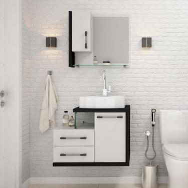 Imagem de Conjunto de Gabinete de Banheiro com Cuba Aria 41 e Espelheira Wood 2 PT 2 GV Branco e Preto