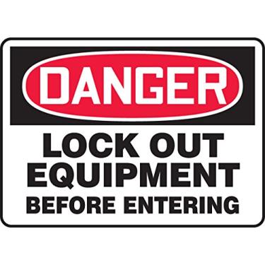 Imagem de Accuform MLKT015XV Placa adesiva Dura-Vinil, legenda "DANGER LOCK OUT EQUIPMENT BEFORE ENTERING", 25,4 cm de comprimento x 35,56 cm de largura x 0 cm de espessura, vermelho/preto em branco