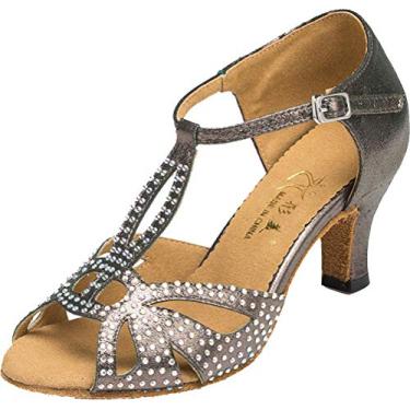 Imagem de Tênis feminino de dança de salão salto gatinha com tira em T Peep Toe Latin 1009, Cinza, 4