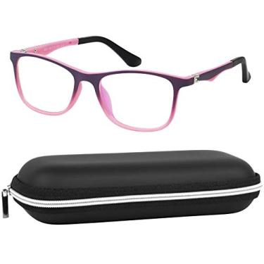 Imagem de Óculos de bloqueio de luz azul para crianças Yogo Vision com capa – Óculos para jogos de vídeo em computador para meninos e meninas – Molduras quadradas coloridas e bonitas – antifadiga ocular, reduz o brilho, Purple/Pink, 46-16-125