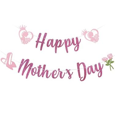 Imagem de Faixa Happy Mother's Day com glitter rosa - faixa de guirlanda de dia das mães, decorações de festa de dia das mães, pano de fundo para fotos de festa de dia das mães