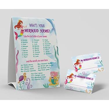Imagem de Qual é o seu jogo de nome de sereia, 1 placa de tema de sereia e 50 adesivos de etiqueta de nome, jogo de aniversário para crianças e festas adultos, jogo de atividades para escritório ou aula | F005