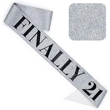 Imagem de CORRURE Faixa de aniversário 'Finally 21' com glitter – faixa de prata com faixa de aniversário de 21 anos de folha preta para homens e mulheres – Ideal para lembrancinhas de festa de 21 anos