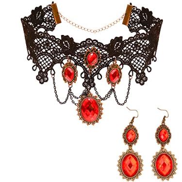 Imagem de Skeleteen Conjunto de joias de vampiro gótico - gargantilha de renda preta com brincos de strass vermelho conjunto de acessórios de fantasia de pirata para mulheres